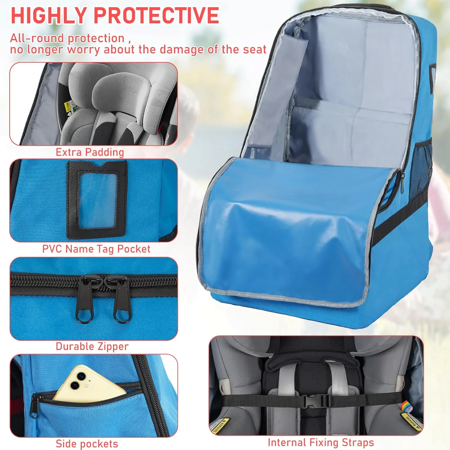Car Seat Travel Bag Heavy Duty Car Seat Bag for Airplane Gate Check Car Seat Backpack with Shoulder Strap, Blue