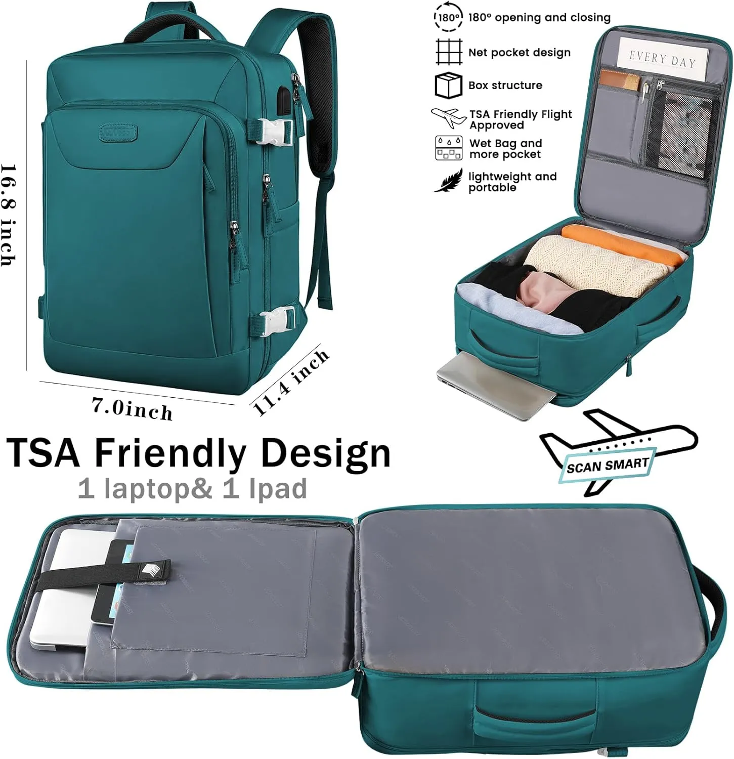 Carry on Backpack, Flight Approved Extra Large Travel Backpack with USB Charge Port, TSA 15.6 Inch Anti-Theft Laptop Backpack Lightweight Daypack Business College Weekender Overnight Bag, dark green