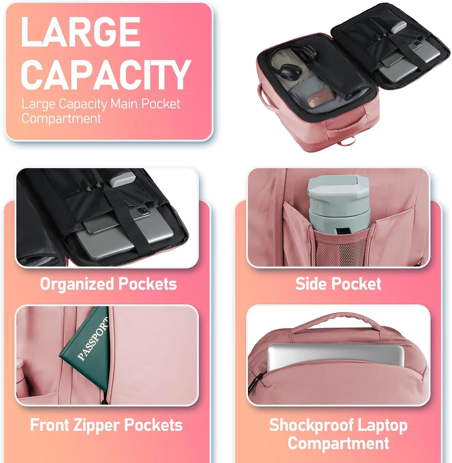 Carry on Travel Backpack, 45l Travel Backpack for Women Airline Approved, Cute Underseat Personal Item Travel Bag With Shoe Compartment, Casual Daypack Gifts for Friend Hiking Outdoor Weekend, Pink