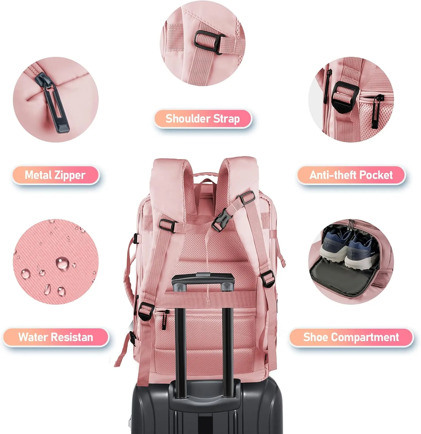 Carry on Travel Backpack, 45l Travel Backpack for Women Airline Approved, Cute Underseat Personal Item Travel Bag With Shoe Compartment, Casual Daypack Gifts for Friend Hiking Outdoor Weekend, Pink