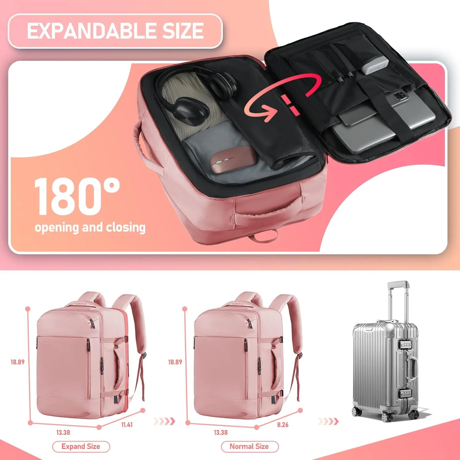 Carry on Travel Backpack, 45l Travel Backpack for Women Airline Approved, Cute Underseat Personal Item Travel Bag With Shoe Compartment, Casual Daypack Gifts for Friend Hiking Outdoor Weekend, Pink