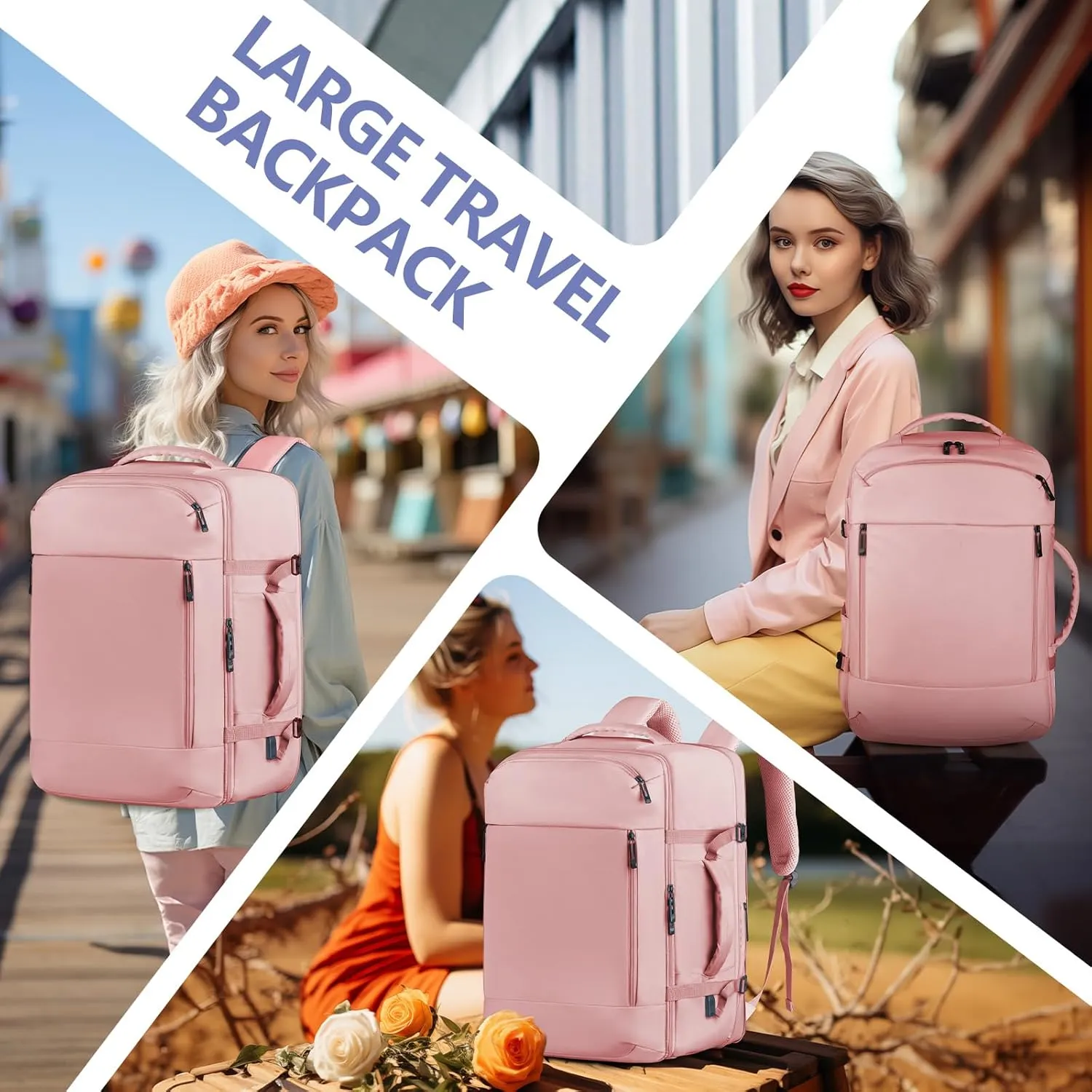 Carry on Travel Backpack, 45l Travel Backpack for Women Airline Approved, Cute Underseat Personal Item Travel Bag With Shoe Compartment, Casual Daypack Gifts for Friend Hiking Outdoor Weekend, Pink