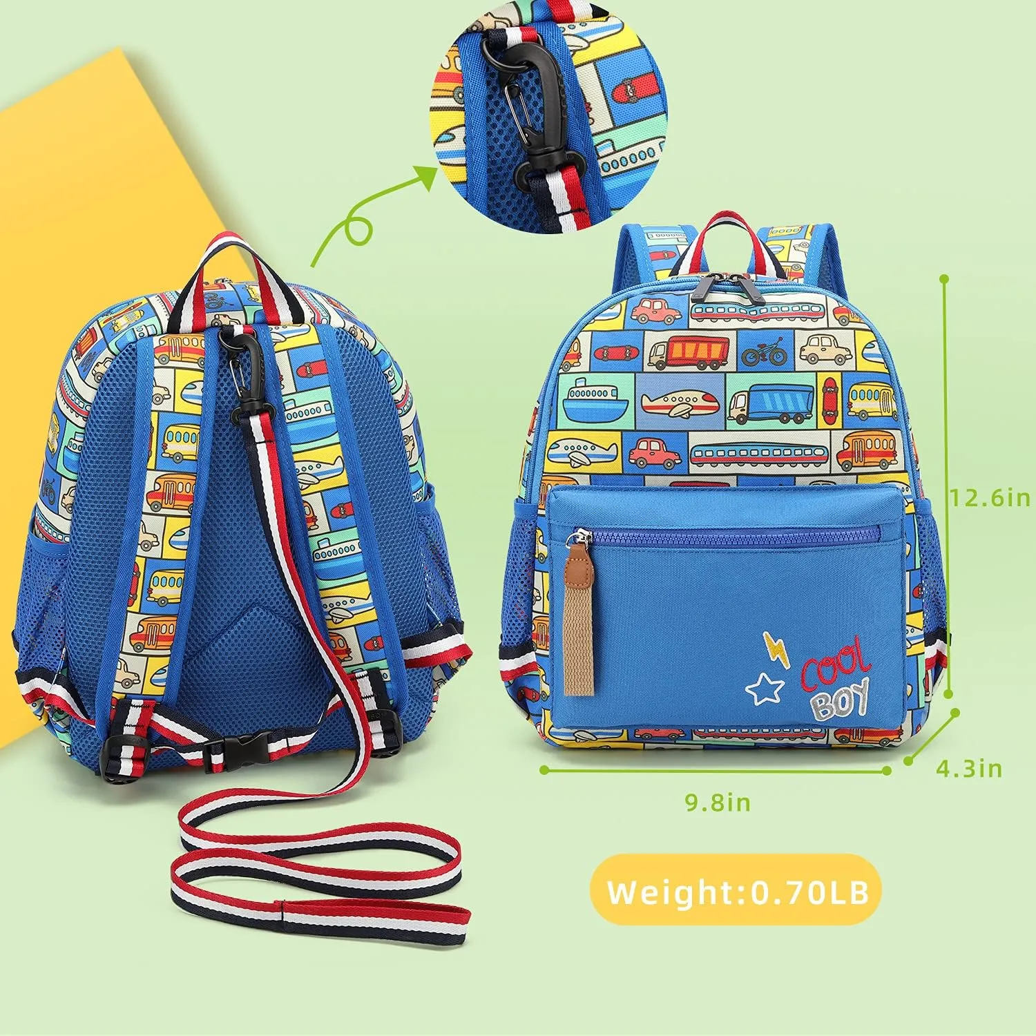 Cartoon Bus 12 Kindergarten Backpack for Kids Girls and Boys,Waterproof Preschool Toddler Backpack Wiht Leash and Safety Harness (Car)