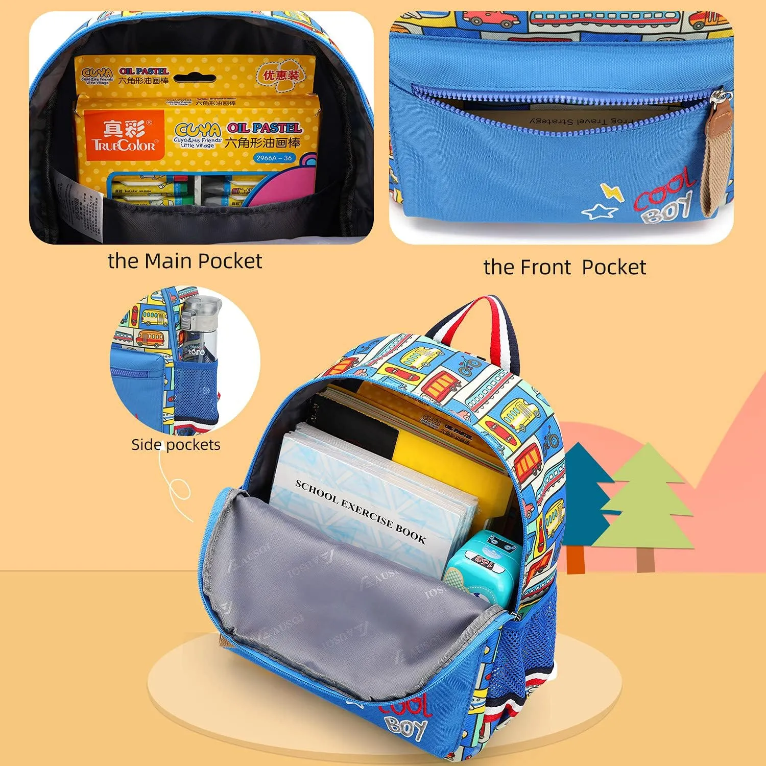 Cartoon Bus 12 Kindergarten Backpack for Kids Girls and Boys,Waterproof Preschool Toddler Backpack Wiht Leash and Safety Harness (Car)