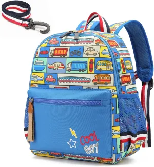 Cartoon Bus 12 Kindergarten Backpack for Kids Girls and Boys,Waterproof Preschool Toddler Backpack Wiht Leash and Safety Harness (Car)
