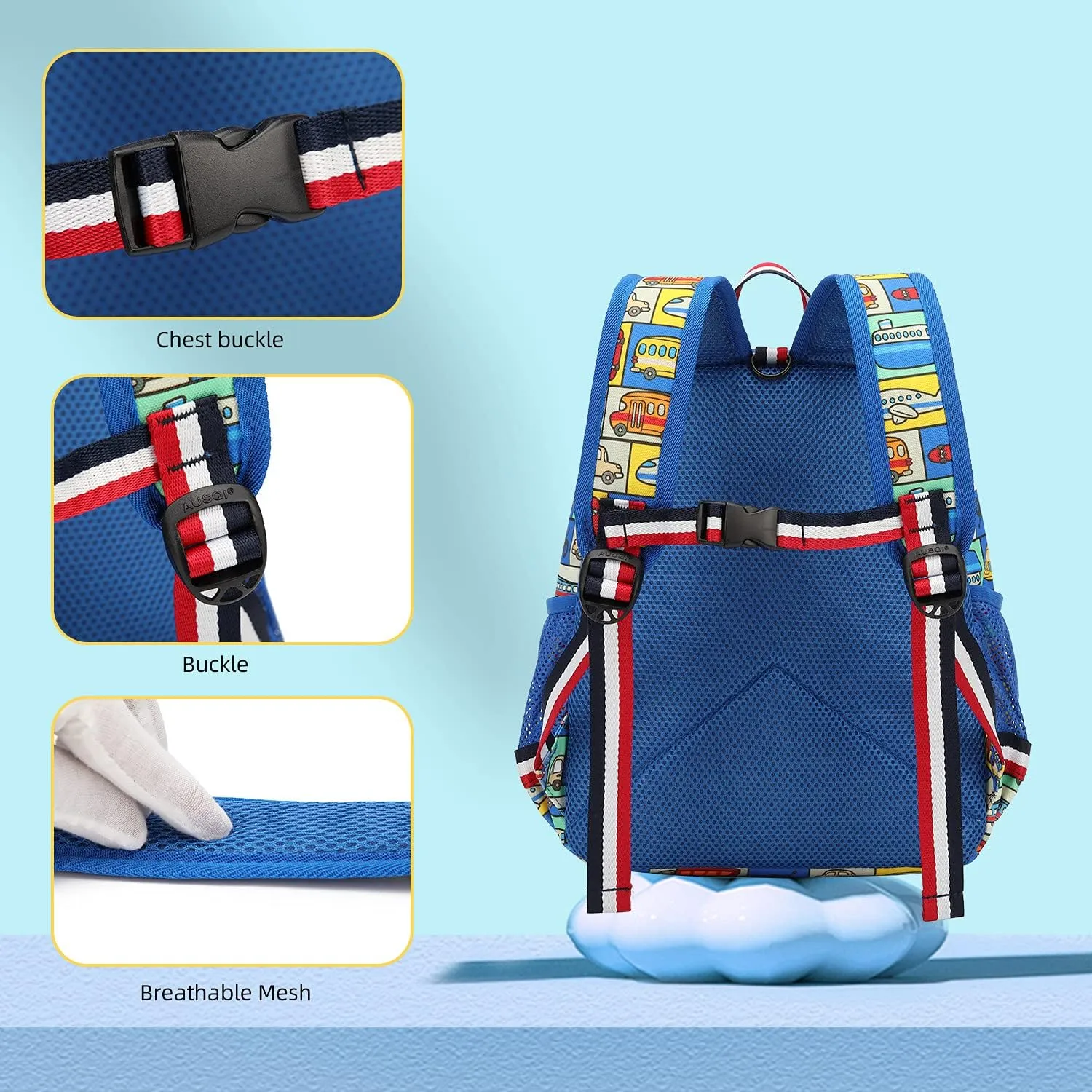 Cartoon Bus 12 Kindergarten Backpack for Kids Girls and Boys,Waterproof Preschool Toddler Backpack Wiht Leash and Safety Harness (Car)