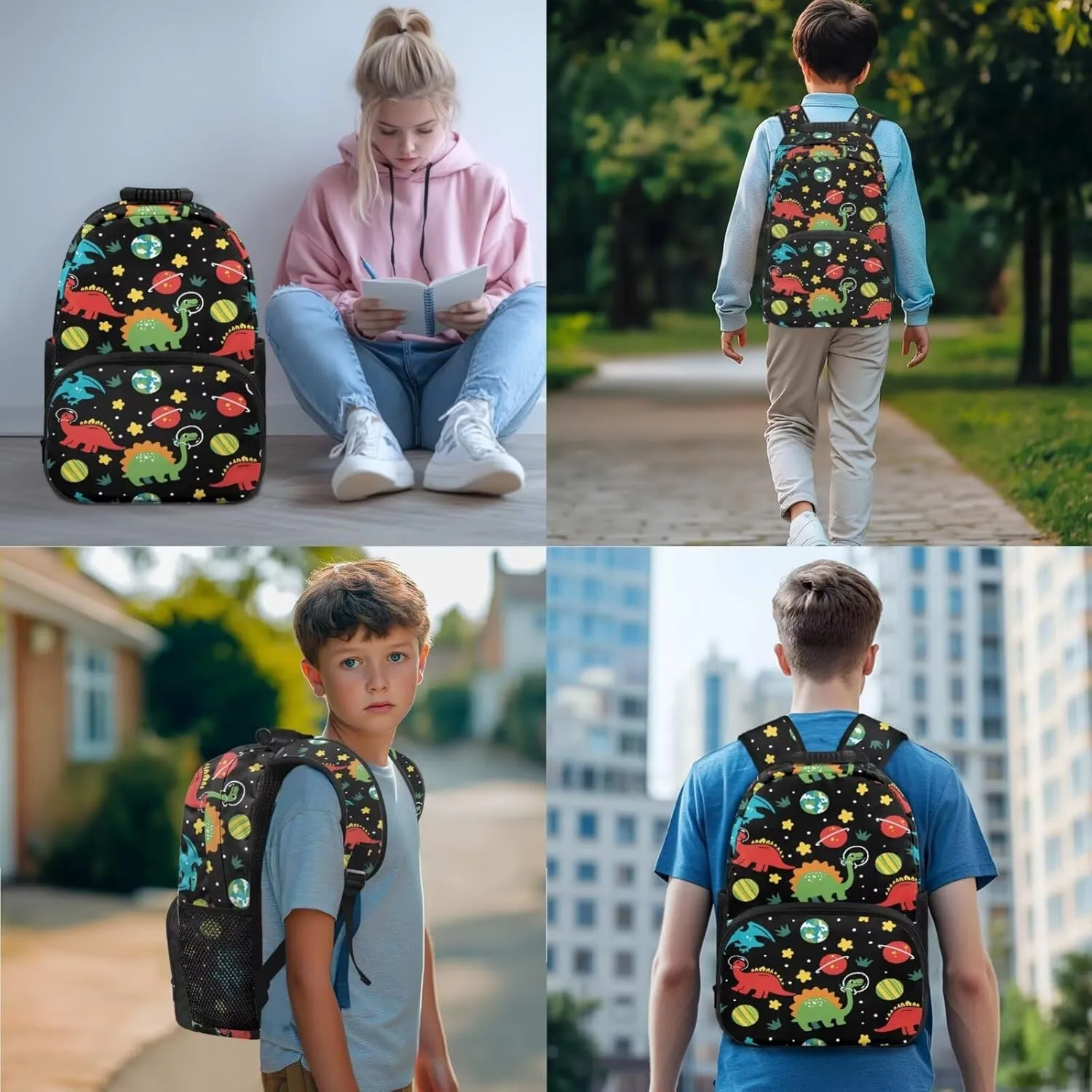Cartoon Dinosaur Star Print Backpack Set of 4, Primary School Bookbag for Elementary Student Book Bag Schoolbag Casual Daypack Travel Rucksack 17 Inch Knapsack