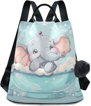 Cartoon Elephant Taking Bath Backpack Purse for Women Anti Theft Back Zipper Fashion Casual Travel Bag