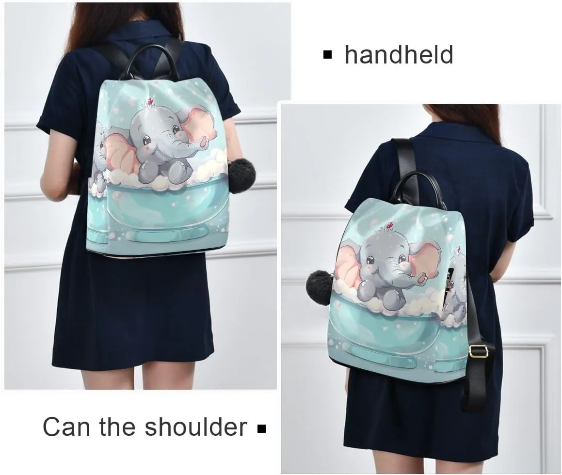 Cartoon Elephant Taking Bath Backpack Purse for Women Anti Theft Back Zipper Fashion Casual Travel Bag