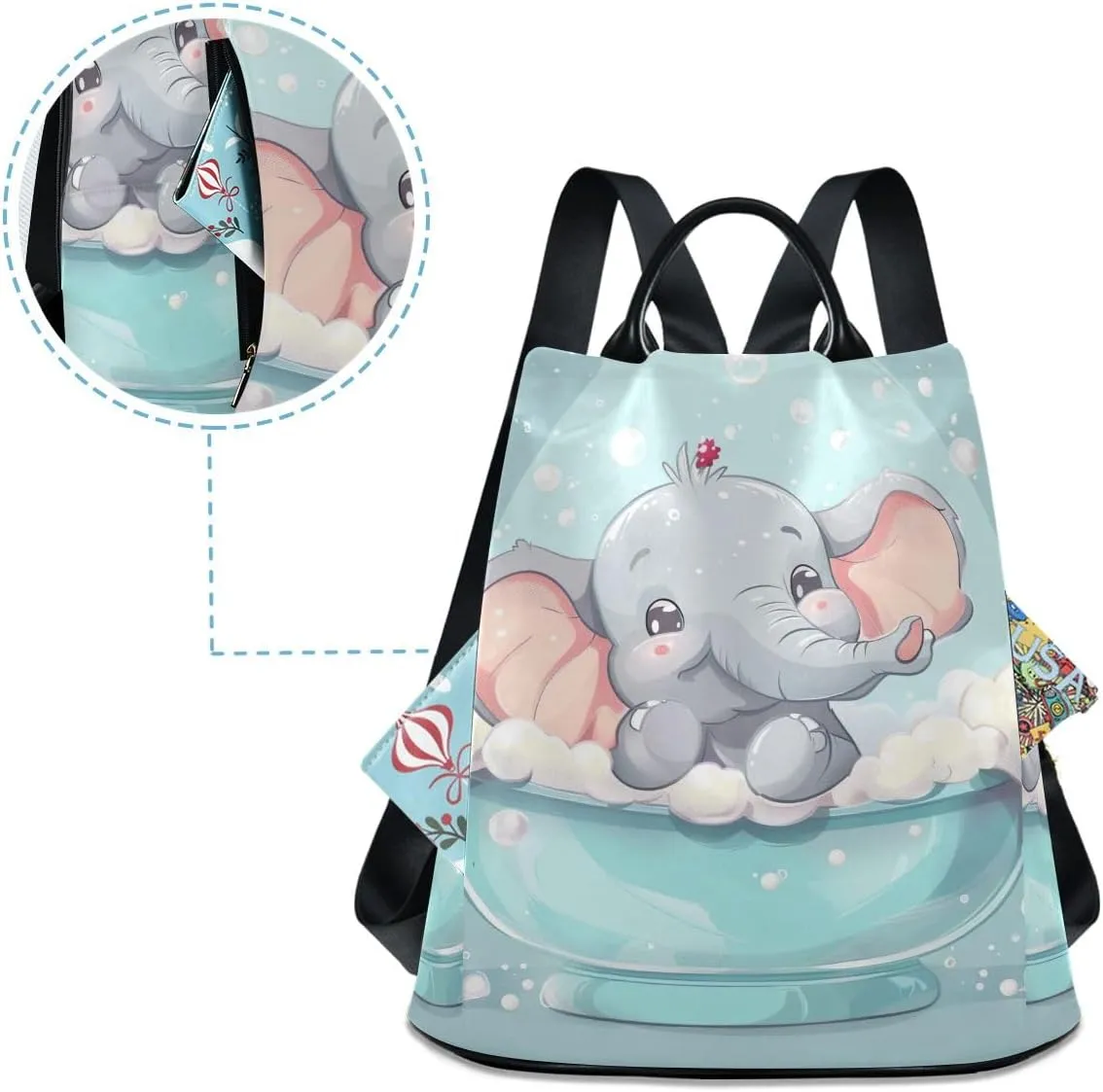 Cartoon Elephant Taking Bath Backpack Purse for Women Anti Theft Back Zipper Fashion Casual Travel Bag