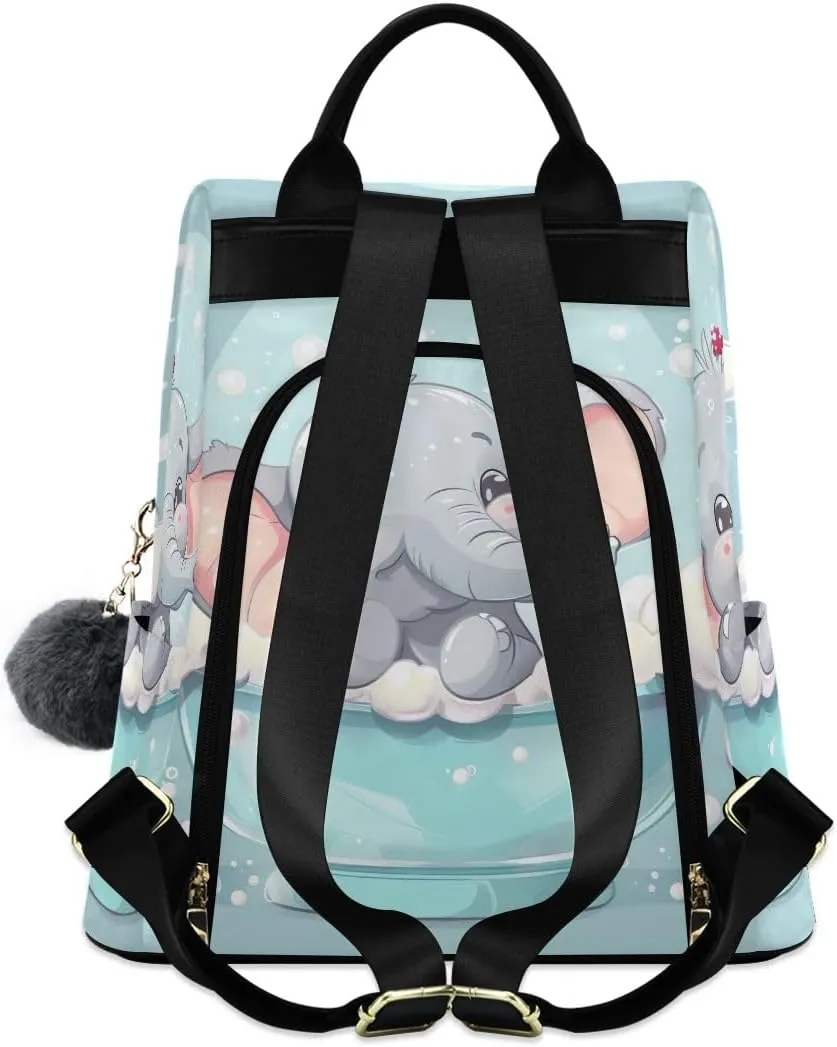 Cartoon Elephant Taking Bath Backpack Purse for Women Anti Theft Back Zipper Fashion Casual Travel Bag