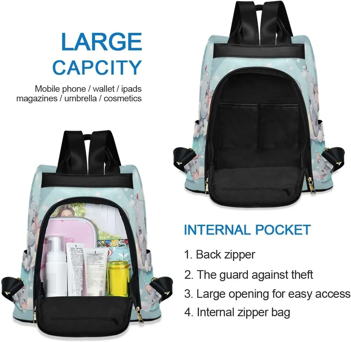 Cartoon Elephant Taking Bath Backpack Purse for Women Anti Theft Back Zipper Fashion Casual Travel Bag