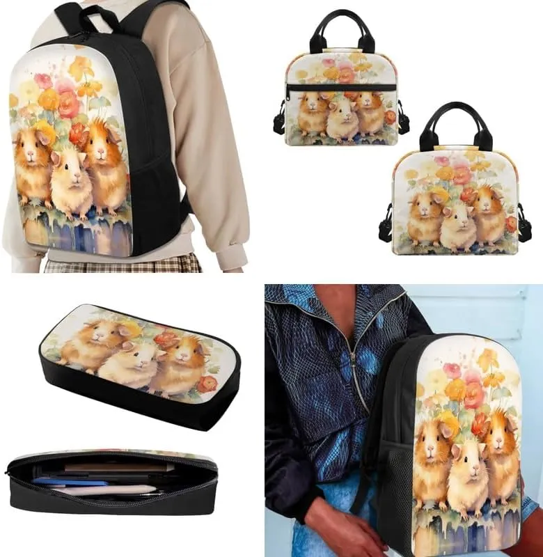 Cartoon Guinea Pig Flower 17 Inch Backpack Set for Teenagers Watercolor Guinea Pig School Bookbag and Insulated Lunch Box Pink Rose Flower 3 in 1 Middle School Book Bag