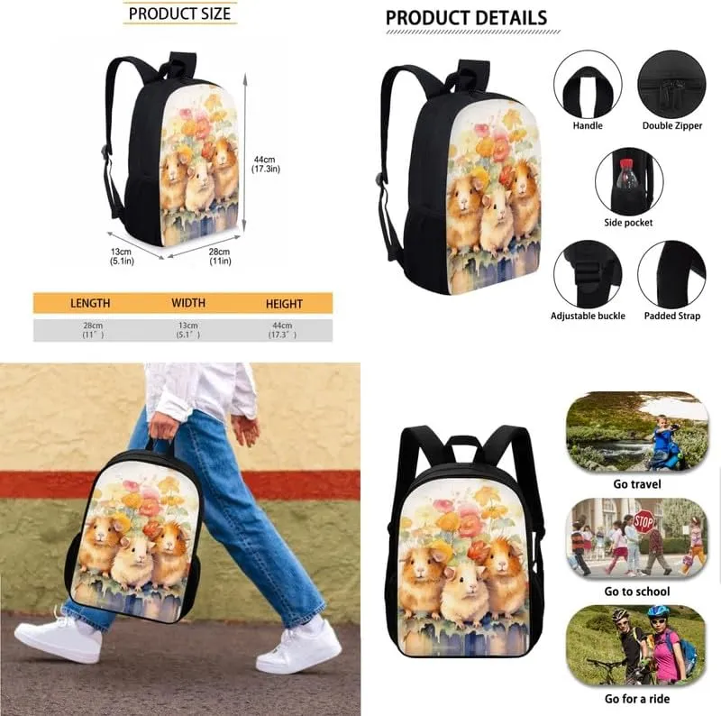 Cartoon Guinea Pig Flower 17 Inch Backpack Set for Teenagers Watercolor Guinea Pig School Bookbag and Insulated Lunch Box Pink Rose Flower 3 in 1 Middle School Book Bag