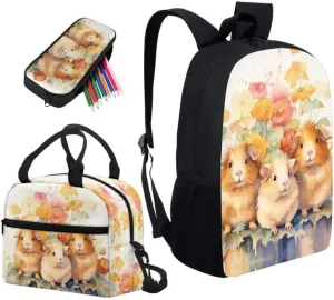 Cartoon Guinea Pig Flower 17 Inch Backpack Set for Teenagers Watercolor Guinea Pig School Bookbag and Insulated Lunch Box Pink Rose Flower 3 in 1 Middle School Book Bag