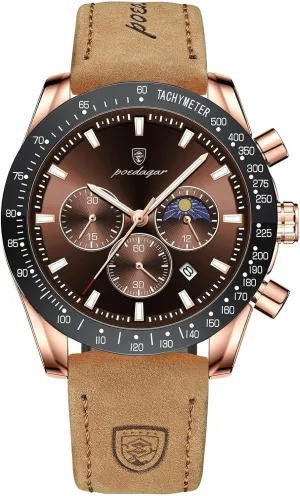 Casual Man Watch Waterproof Chronograph Luminous Men's Wristwatch Leather Men Quartz Watches Calendar Clock (Brown)