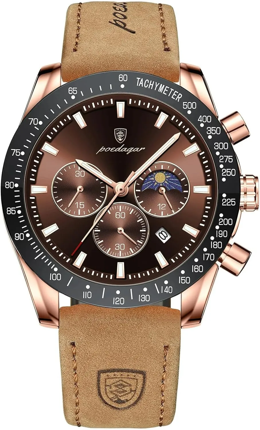 Casual Man Watch Waterproof Chronograph Luminous Men's Wristwatch Leather Men Quartz Watches Calendar Clock (Brown)