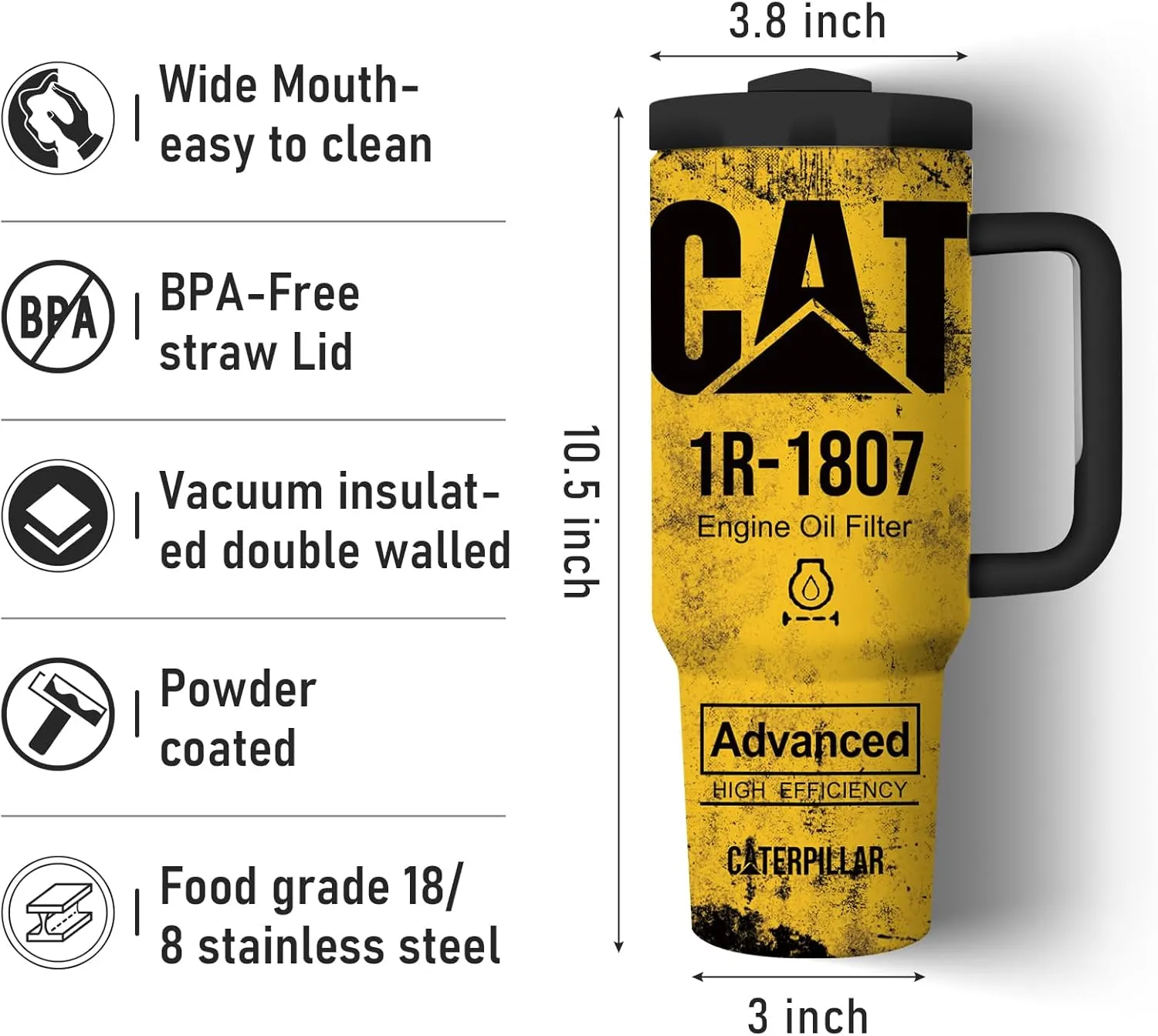CAT 40oz Tumbler with Handle Lid and Straw Funny Tumbler for Men Dad Classic Creative Gift Double Wall Vacuun Stainless Steel Travel Mug Insulated Cup (CAT 1R-1807)