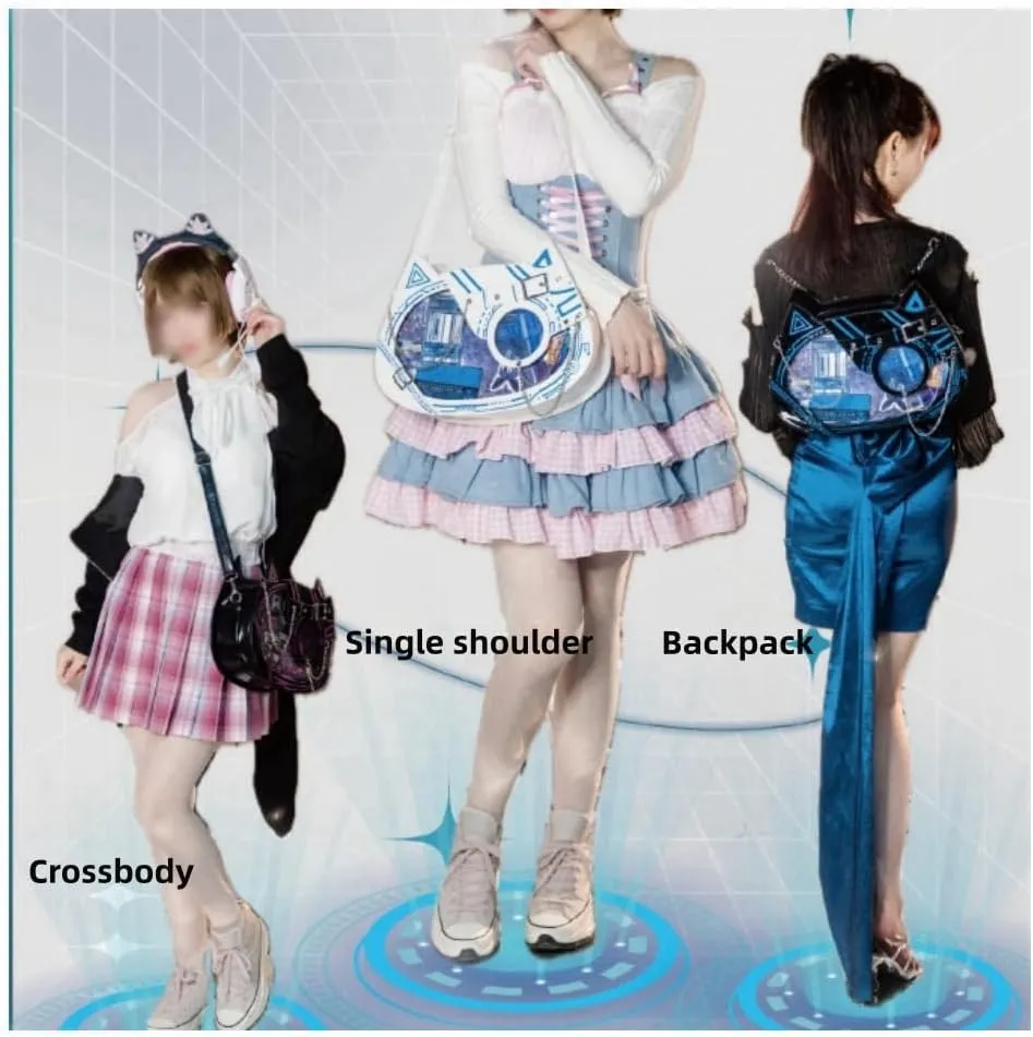 Cat Ita Bag Pin Display Backpack Cyberpunk Purse Luminous Single Shoulder Crossbody Reflection Handbag (Black green(luminous))