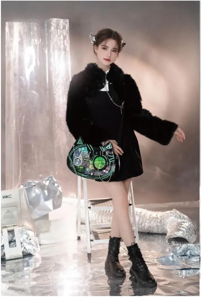 Cat Ita Bag Pin Display Backpack Cyberpunk Purse Luminous Single Shoulder Crossbody Reflection Handbag (Black green(luminous))