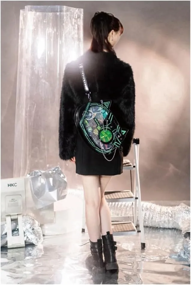 Cat Ita Bag Pin Display Backpack Cyberpunk Purse Luminous Single Shoulder Crossbody Reflection Handbag (Black green(luminous))