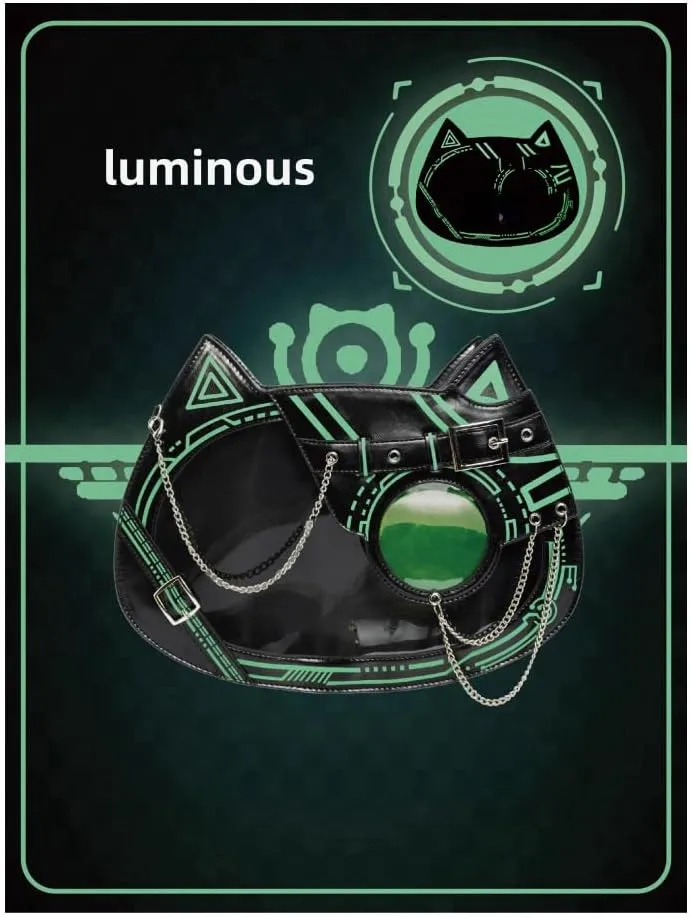 Cat Ita Bag Pin Display Backpack Cyberpunk Purse Luminous Single Shoulder Crossbody Reflection Handbag (Black green(luminous))