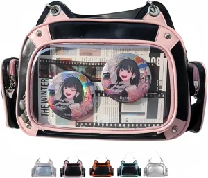 Cat Ita Bag Pins Display Backpack for Girls Single Shoulder Bag Purse with Insert for School Comic Con (pink black PU)
