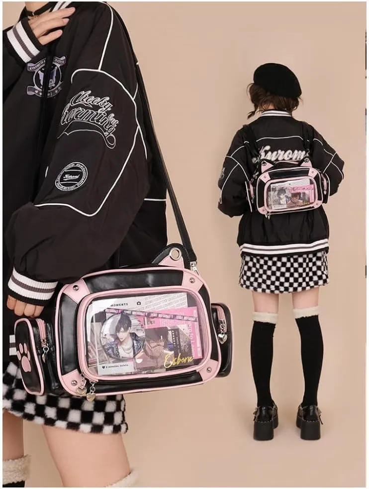 Cat Ita Bag Pins Display Backpack for Girls Single Shoulder Bag Purse with Insert for School Comic Con (pink black PU)
