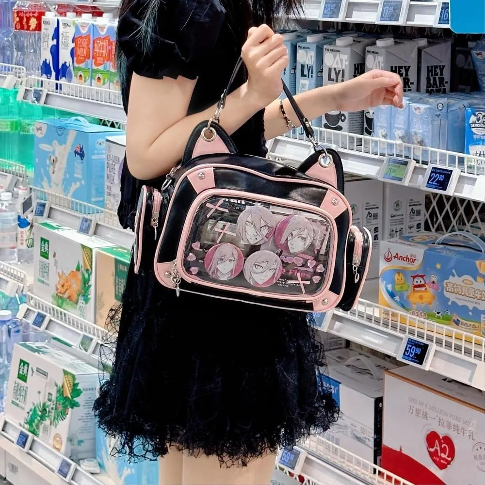 Cat Ita Bag Pins Display Backpack for Girls Single Shoulder Bag Purse with Insert for School Comic Con (pink black PU)