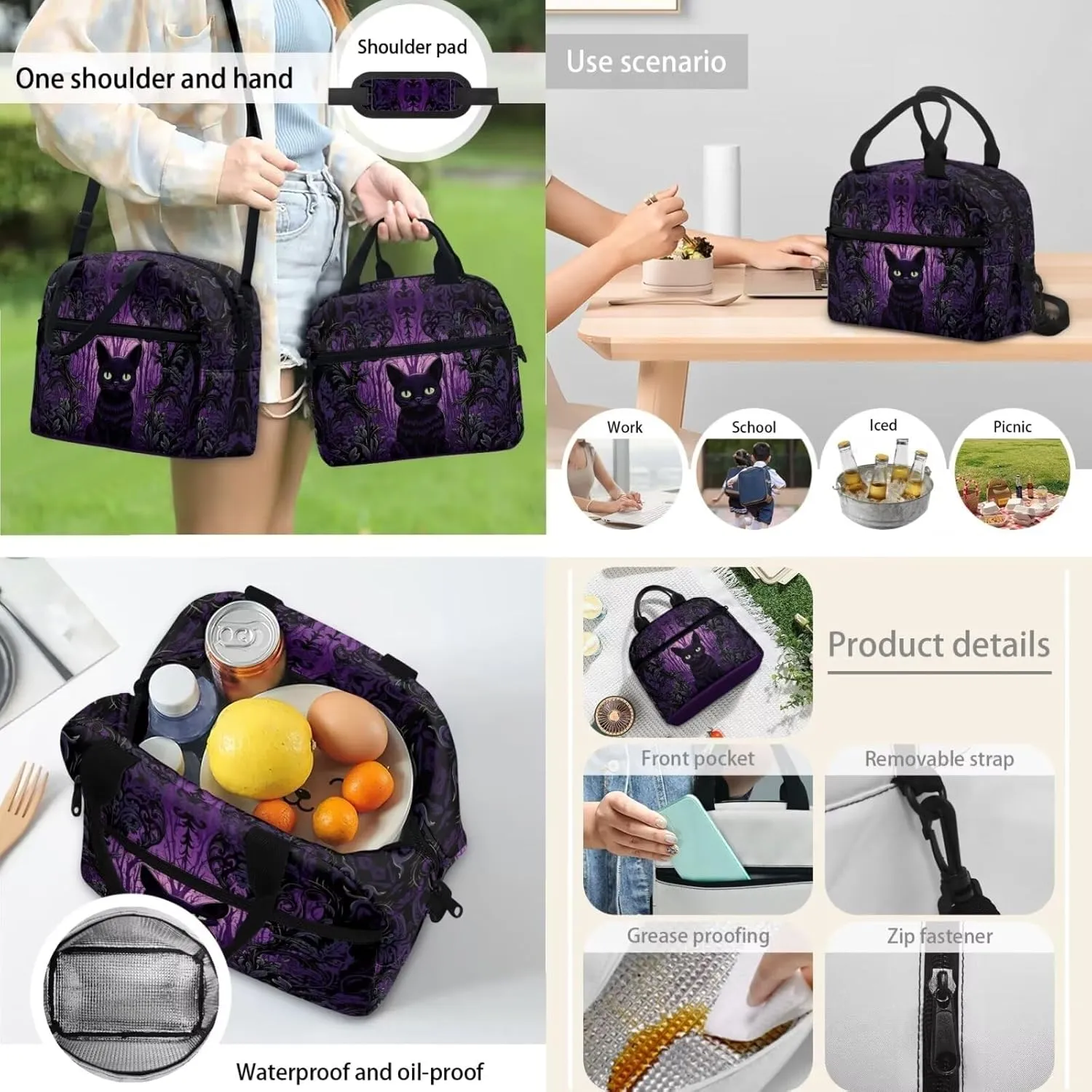 Cat Print 3Pc Backpack Set for Boys Multi-Functional Adjustable Straps Crossbody School Bag Grease Proofing Recycle Food Bag for Travel Work Office Climbing School