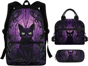 Cat Print 3Pc Backpack Set for Boys Multi-Functional Adjustable Straps Crossbody School Bag Grease Proofing Recycle Food Bag for Travel Work Office Climbing School