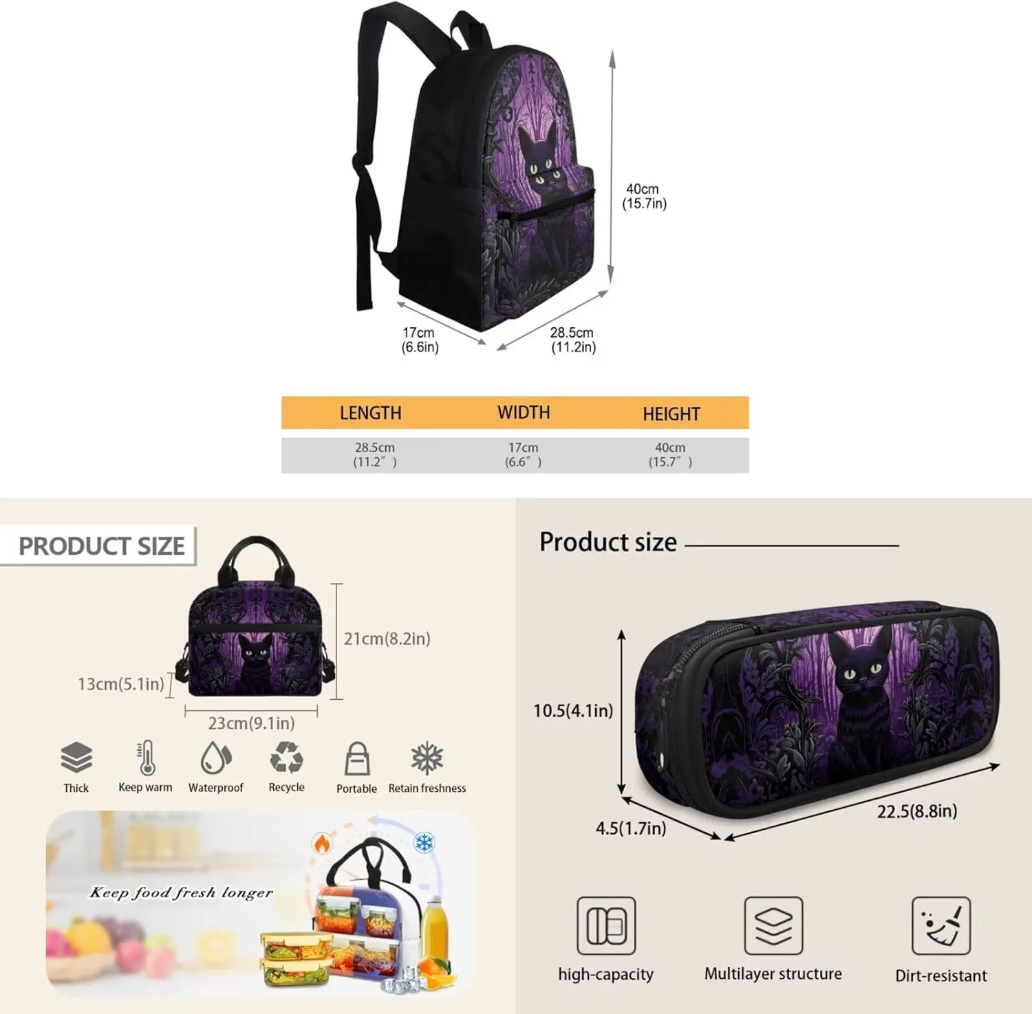 Cat Print 3Pc Backpack Set for Boys Multi-Functional Adjustable Straps Crossbody School Bag Grease Proofing Recycle Food Bag for Travel Work Office Climbing School