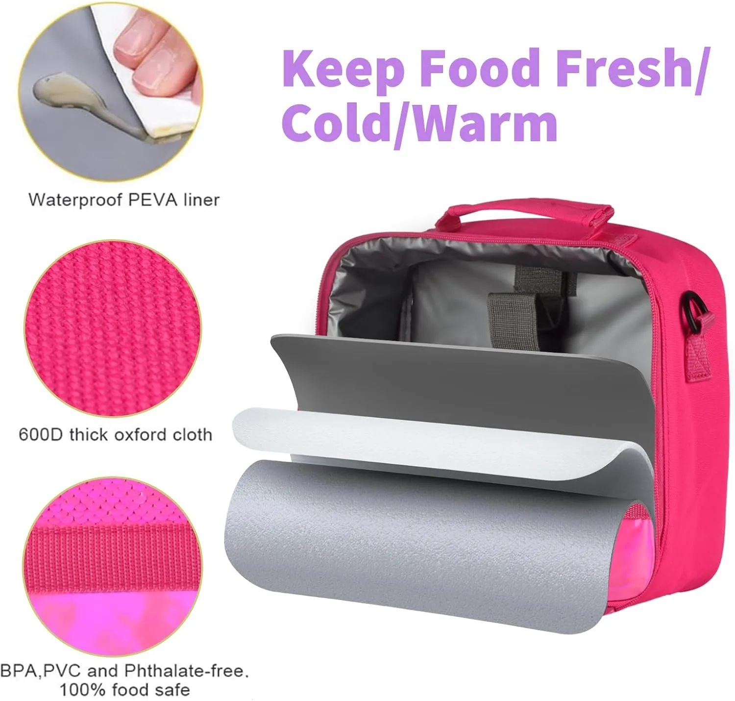 Cerbonny Kids Lunch Box with Insulated Interior, Durable 600D Polyester, Adjustable Shoulder Strap, and Removable Name Tag, Glitter Rose-3