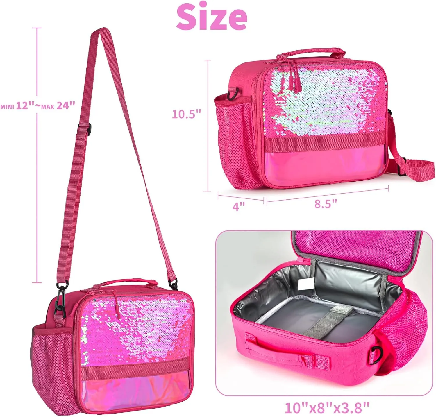 Cerbonny Kids Lunch Box with Insulated Interior, Durable 600D Polyester, Adjustable Shoulder Strap, and Removable Name Tag, Glitter Rose-3