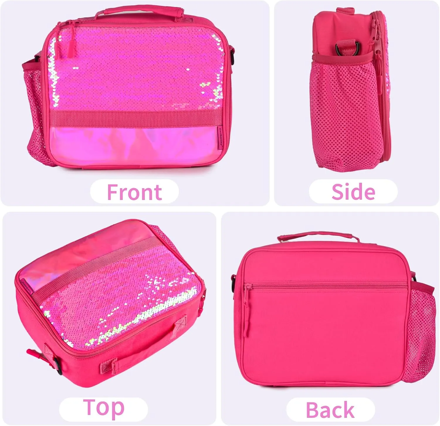 Cerbonny Kids Lunch Box with Insulated Interior, Durable 600D Polyester, Adjustable Shoulder Strap, and Removable Name Tag, Glitter Rose-3