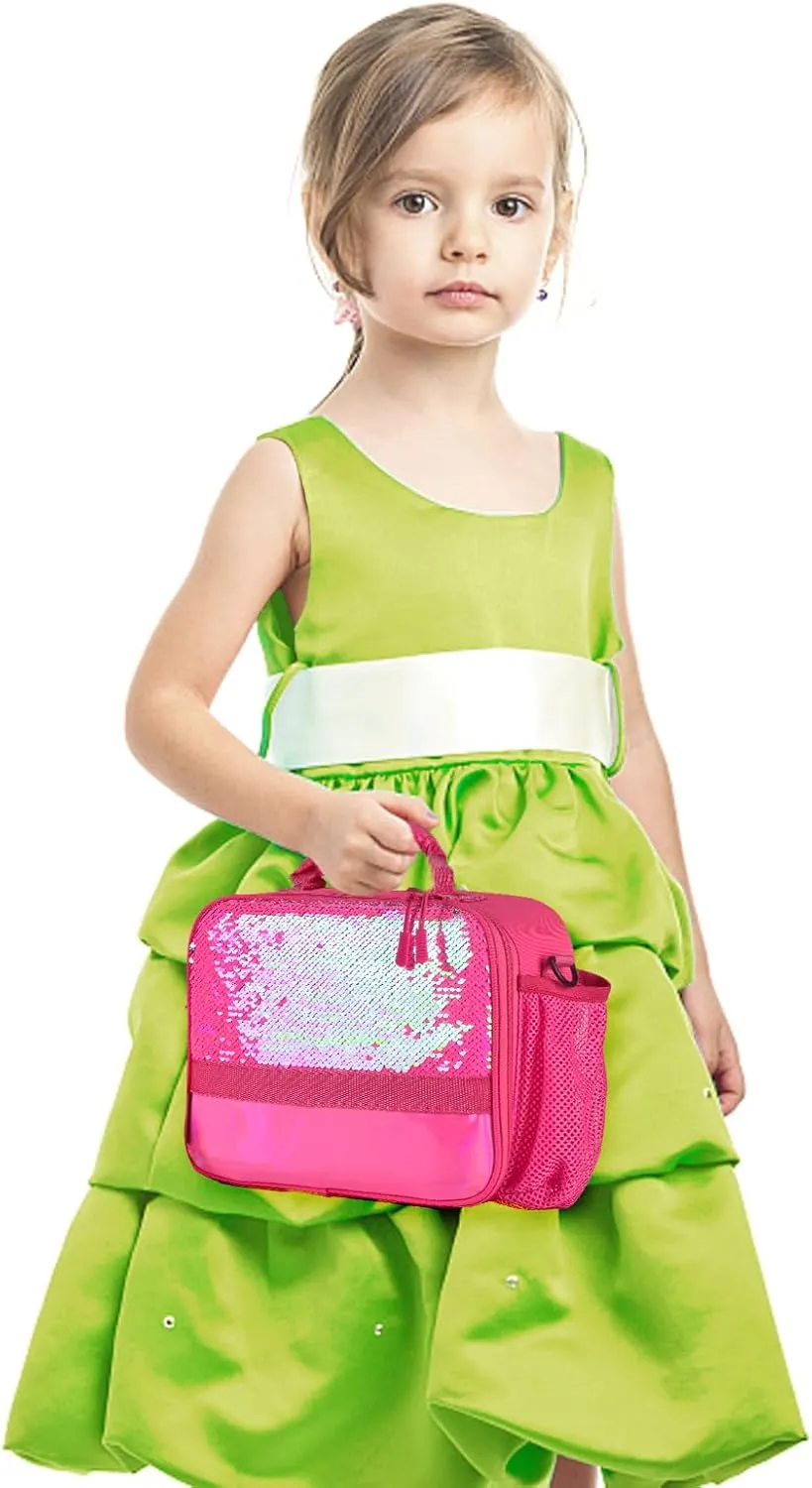 Cerbonny Kids Lunch Box with Insulated Interior, Durable 600D Polyester, Adjustable Shoulder Strap, and Removable Name Tag, Glitter Rose-3