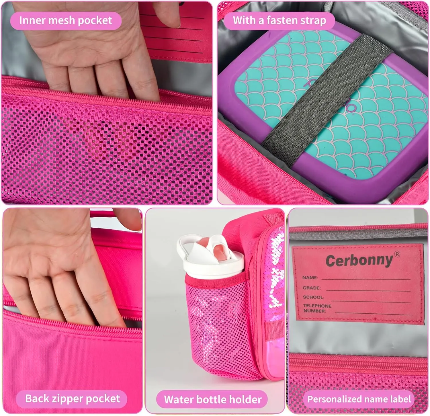 Cerbonny Kids Lunch Box with Insulated Interior, Durable 600D Polyester, Adjustable Shoulder Strap, and Removable Name Tag, Glitter Rose-3