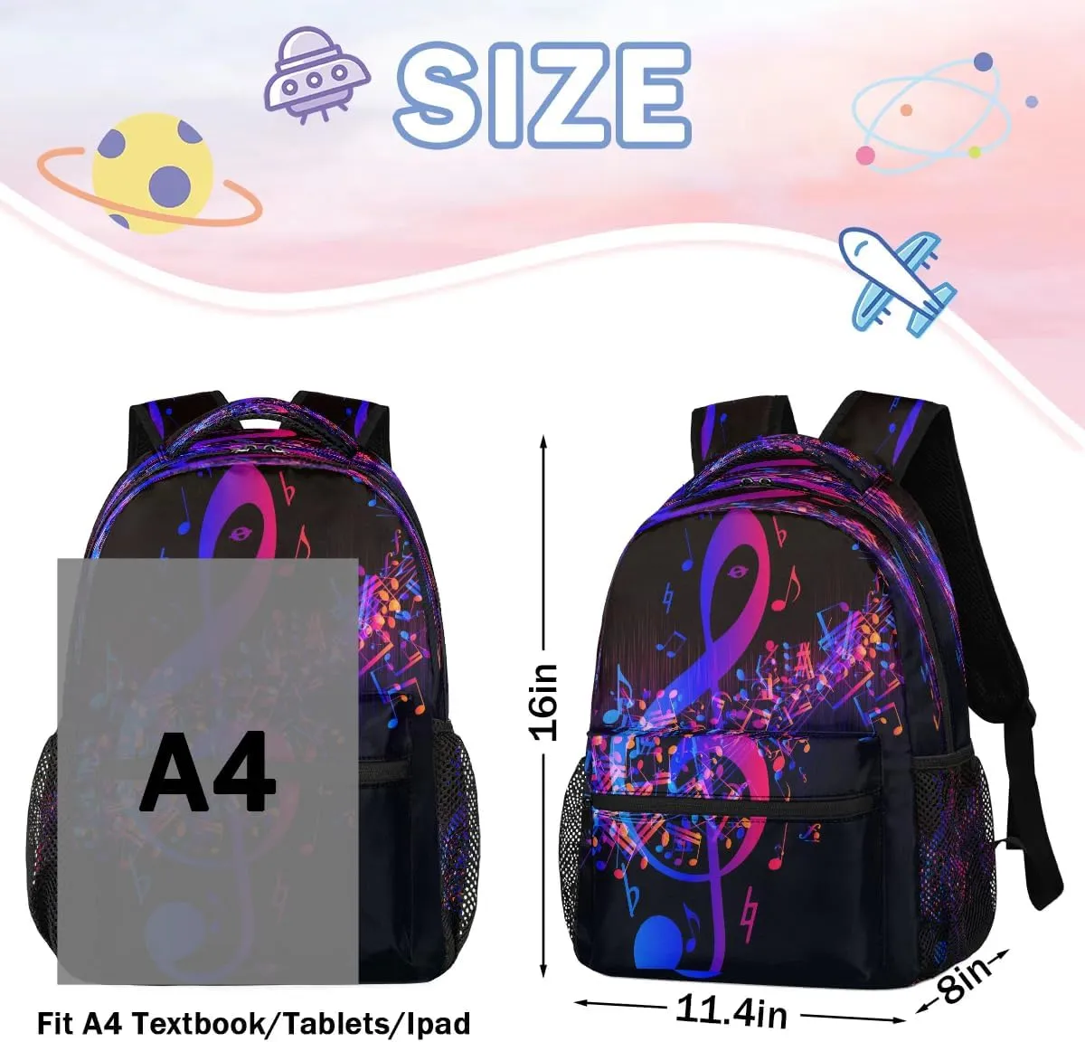 cfpolar Music Backpack for School, Purple Abstract Music Note Laptop Backpack Water Resistant Bookbag Computer Bag Travel Hiking Camping Rucksack Daypack Shoulder Bag for Teenager Boys Girls Kids