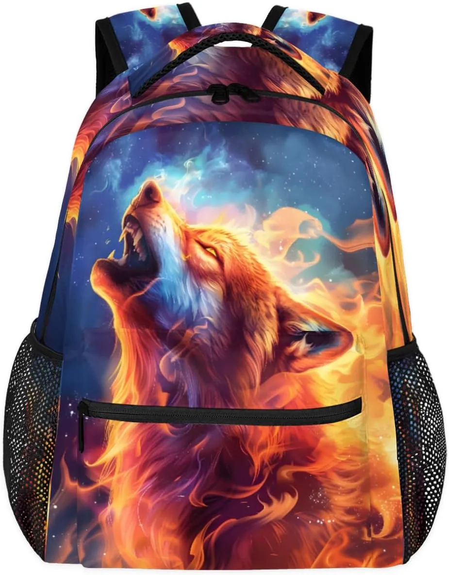 cfpolar Wolf Backpack for School, Burning Flame Wolf Galaxy Space Laptop Backpack Water Resistant Bookbag Computer Bag Travel Hiking Camping Rucksack Daypack Shoulder Bag for Teenager Boys Girls Kids
