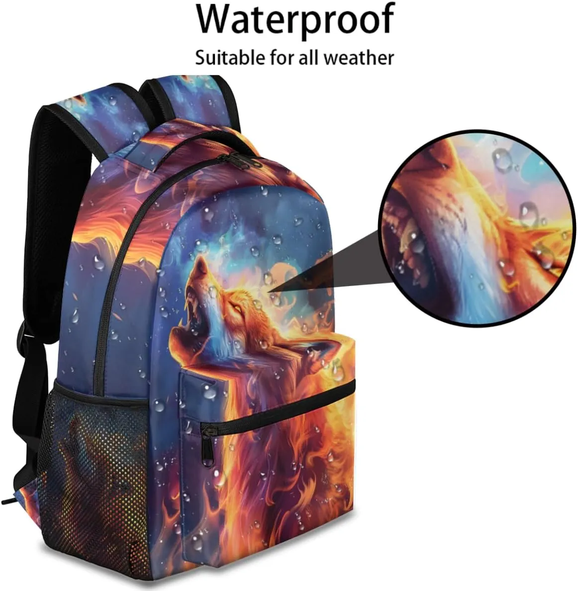 cfpolar Wolf Backpack for School, Burning Flame Wolf Galaxy Space Laptop Backpack Water Resistant Bookbag Computer Bag Travel Hiking Camping Rucksack Daypack Shoulder Bag for Teenager Boys Girls Kids