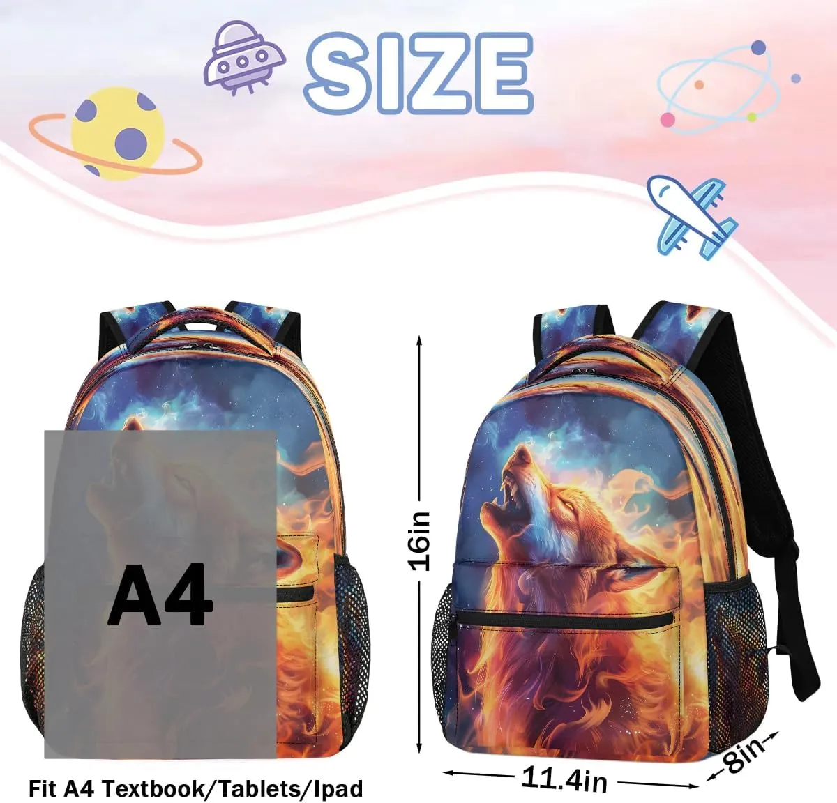 cfpolar Wolf Backpack for School, Burning Flame Wolf Galaxy Space Laptop Backpack Water Resistant Bookbag Computer Bag Travel Hiking Camping Rucksack Daypack Shoulder Bag for Teenager Boys Girls Kids