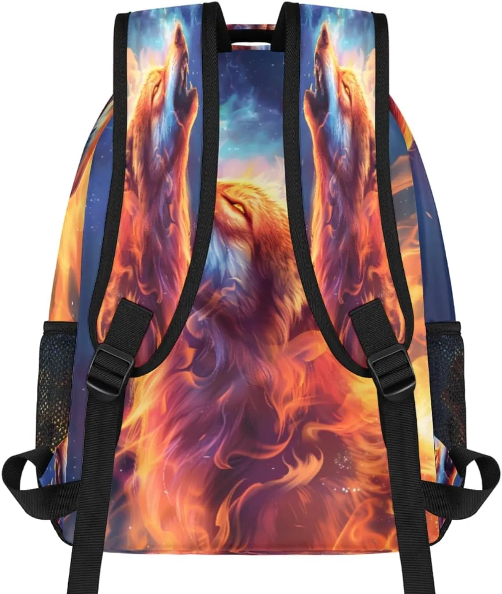 cfpolar Wolf Backpack for School, Burning Flame Wolf Galaxy Space Laptop Backpack Water Resistant Bookbag Computer Bag Travel Hiking Camping Rucksack Daypack Shoulder Bag for Teenager Boys Girls Kids