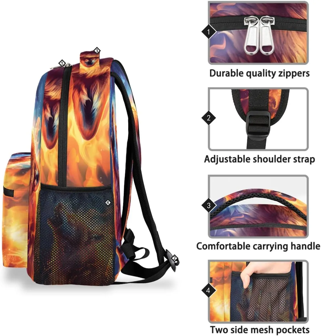 cfpolar Wolf Backpack for School, Burning Flame Wolf Galaxy Space Laptop Backpack Water Resistant Bookbag Computer Bag Travel Hiking Camping Rucksack Daypack Shoulder Bag for Teenager Boys Girls Kids