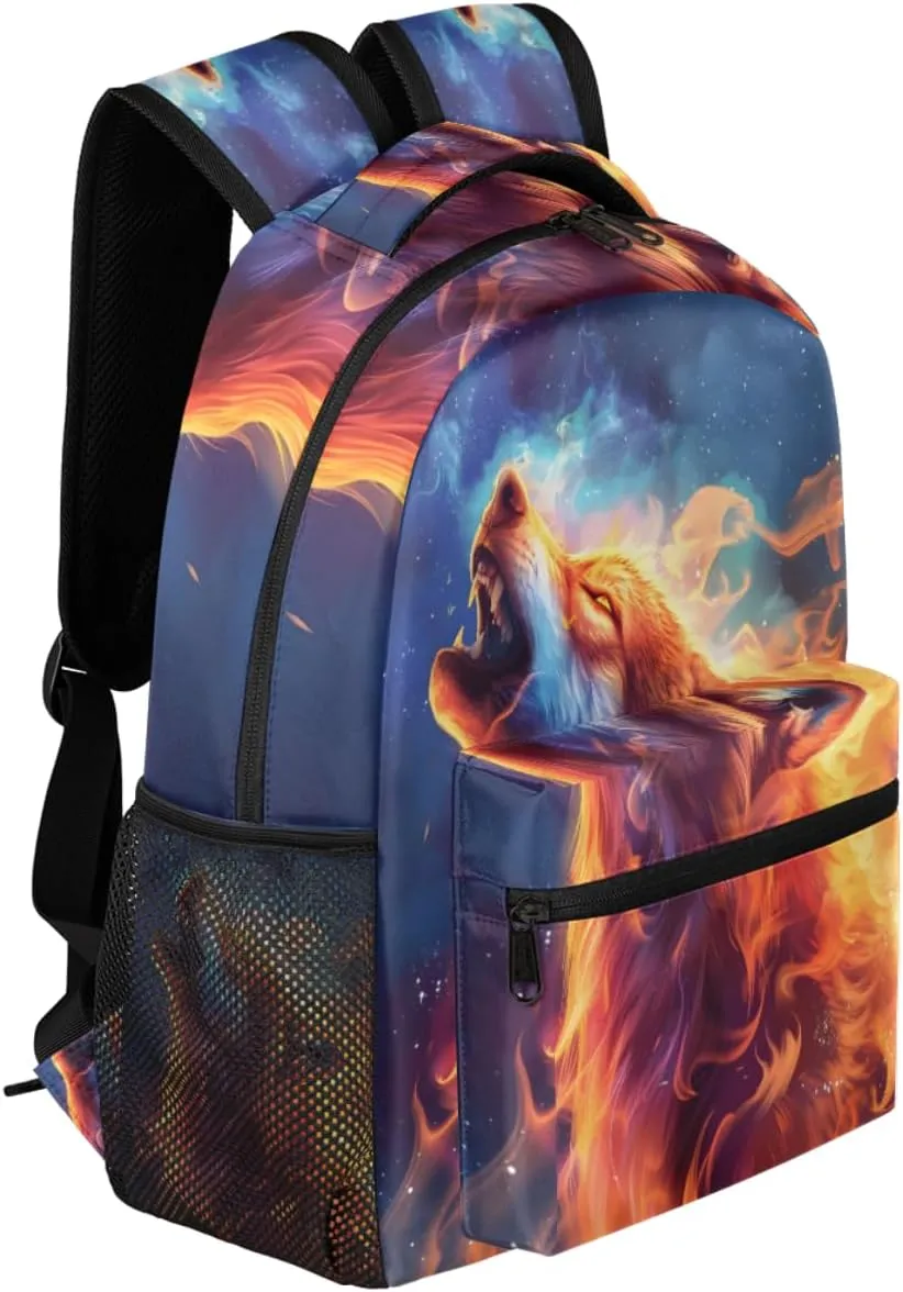cfpolar Wolf Backpack for School, Burning Flame Wolf Galaxy Space Laptop Backpack Water Resistant Bookbag Computer Bag Travel Hiking Camping Rucksack Daypack Shoulder Bag for Teenager Boys Girls Kids