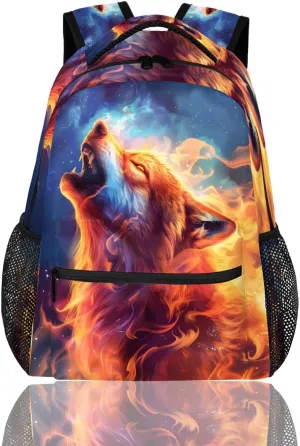 cfpolar Wolf Backpack for School, Burning Flame Wolf Galaxy Space Laptop Backpack Water Resistant Bookbag Computer Bag Travel Hiking Camping Rucksack Daypack Shoulder Bag for Teenager Boys Girls Kids