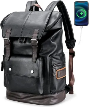 CHAO RAN Leather Laptop Backpack for Men, Vintage Black Work Knapsack Large Travel Waterproof Bags 16inch Laptop For Commute Casual Business(Black)