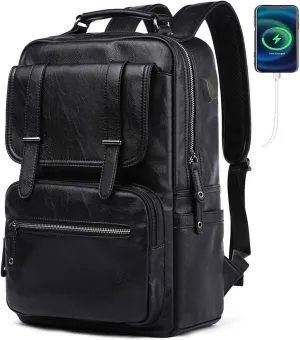 CHAO RAN Vintage Leather Laptop Backpack for Men, Large Waterproof Travel Black Rucksack, Work Knapsack Fit up to 16 inch Laptop, Business Backpack for commute College (Black)