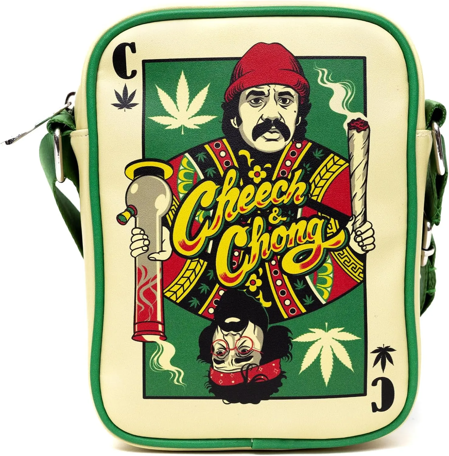 Cheech & Chong Vegan Leather Crossbody Backpack for Men and Women with Adjustable Strap, C of Weeds Playing Card Replica, Green