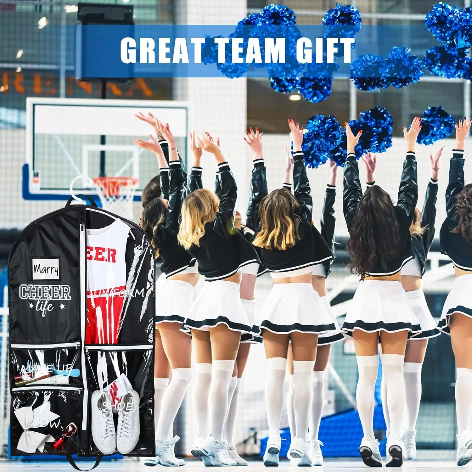 Cheer Garment Bags for Cheerleading Uniform Waterproof Hanging Garment Bags for Dance Costumes 40 Inch Clothes Bag with 5 Pockets and Side Zip Travel Storage Cheer Uniform(Black,White)