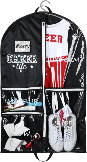 Cheer Garment Bags for Cheerleading Uniform Waterproof Hanging Garment Bags for Dance Costumes 40 Inch Clothes Bag with 5 Pockets and Side Zip Travel Storage Cheer Uniform(Black,White)
